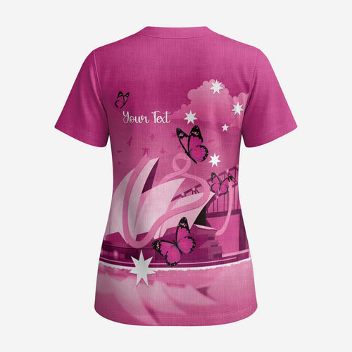 Personalised Australia Breast Cancer Awareness Scrub Top Sydney Opera House Butterfly Pink Ribbon - Aussie Hoodie
