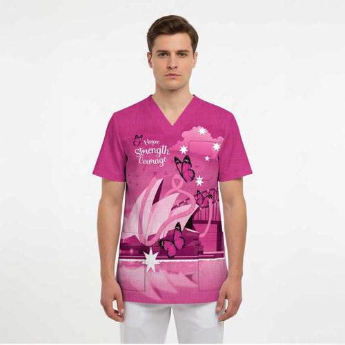 Personalised Australia Breast Cancer Awareness Scrub Top Sydney Opera House Butterfly Pink Ribbon - Aussie Hoodie