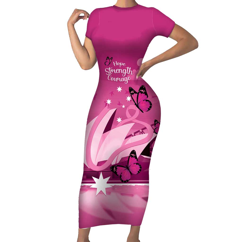 Personalised Australia Breast Cancer Awareness Short Sleeve Bodycon Dress Sydney Opera House Butterfly Pink Ribbon - Aussie Hoodie