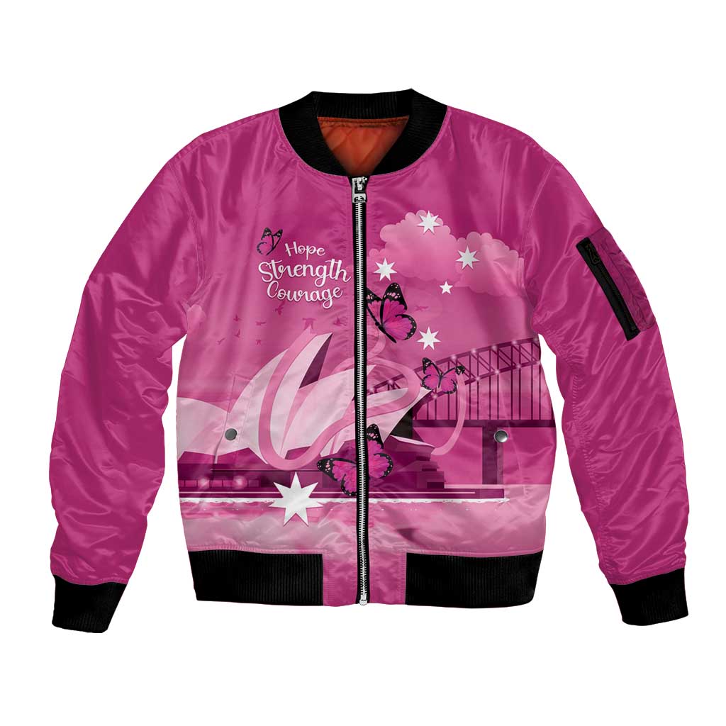 Personalised Australia Breast Cancer Awareness Sleeve Zip Bomber Jacket Sydney Opera House Butterfly Pink Ribbon - Aussie Hoodie