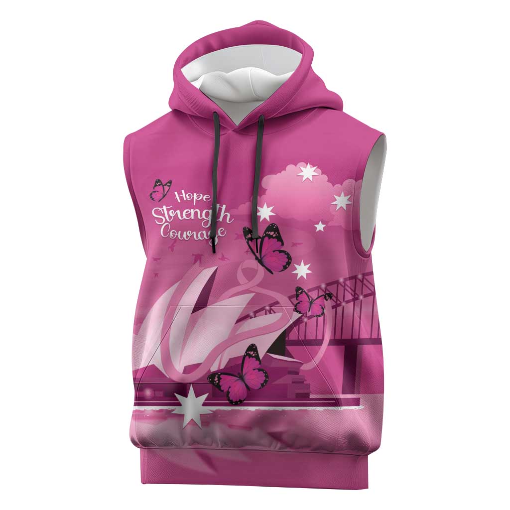 Personalised Australia Breast Cancer Awareness Sleeveless Hoodie Sydney Opera House Butterfly Pink Ribbon - Aussie Hoodie