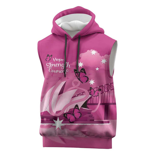 Personalised Australia Breast Cancer Awareness Sleeveless Hoodie Sydney Opera House Butterfly Pink Ribbon - Aussie Hoodie