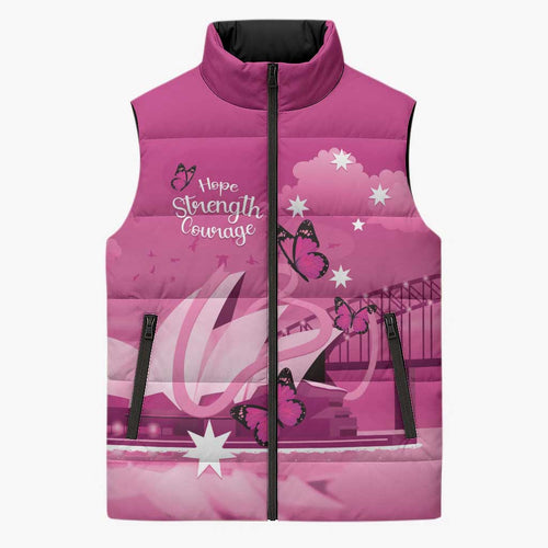 Personalised Australia Breast Cancer Awareness Sleeveless Puffer Jacket Sydney Opera House Butterfly Pink Ribbon - Aussie Hoodie