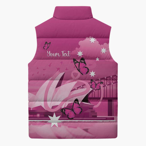 Personalised Australia Breast Cancer Awareness Sleeveless Puffer Jacket Sydney Opera House Butterfly Pink Ribbon - Aussie Hoodie