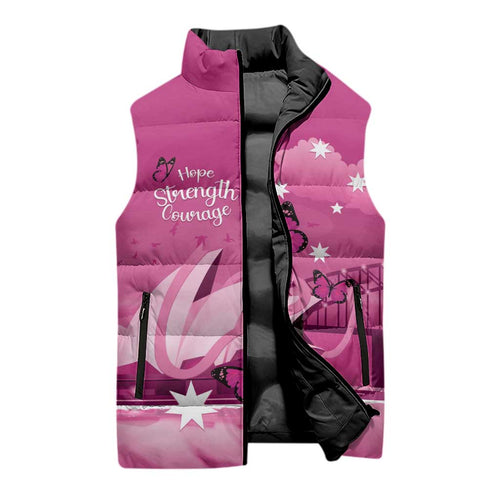 Personalised Australia Breast Cancer Awareness Sleeveless Puffer Jacket Sydney Opera House Butterfly Pink Ribbon - Aussie Hoodie