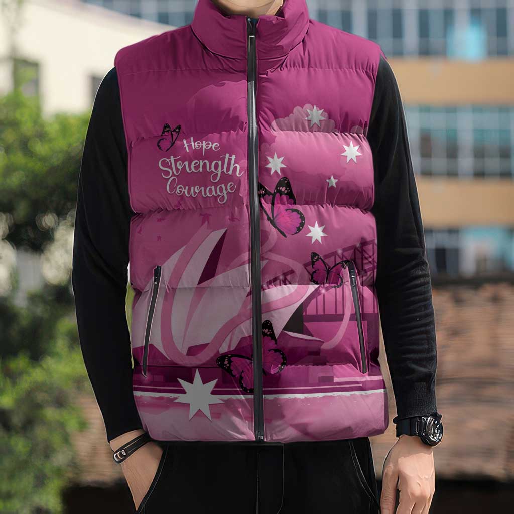 Personalised Australia Breast Cancer Awareness Sleeveless Puffer Jacket Sydney Opera House Butterfly Pink Ribbon - Aussie Hoodie