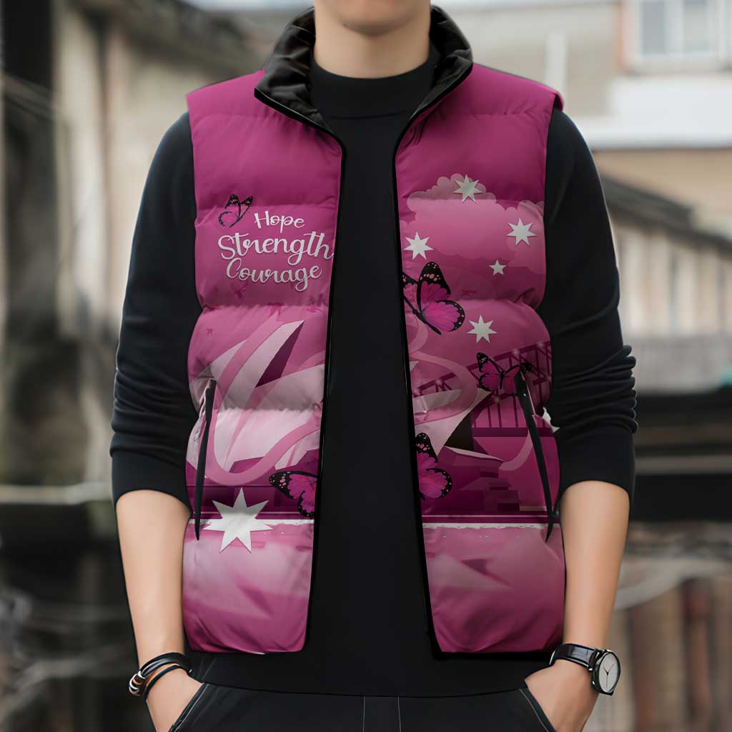 Personalised Australia Breast Cancer Awareness Sleeveless Puffer Jacket Sydney Opera House Butterfly Pink Ribbon - Aussie Hoodie
