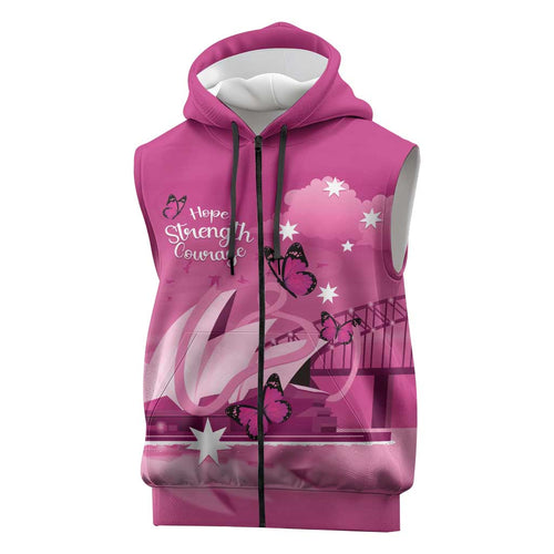 Personalised Australia Breast Cancer Awareness Sleeveless Zip Hoodie Sydney Opera House Butterfly Pink Ribbon LT14