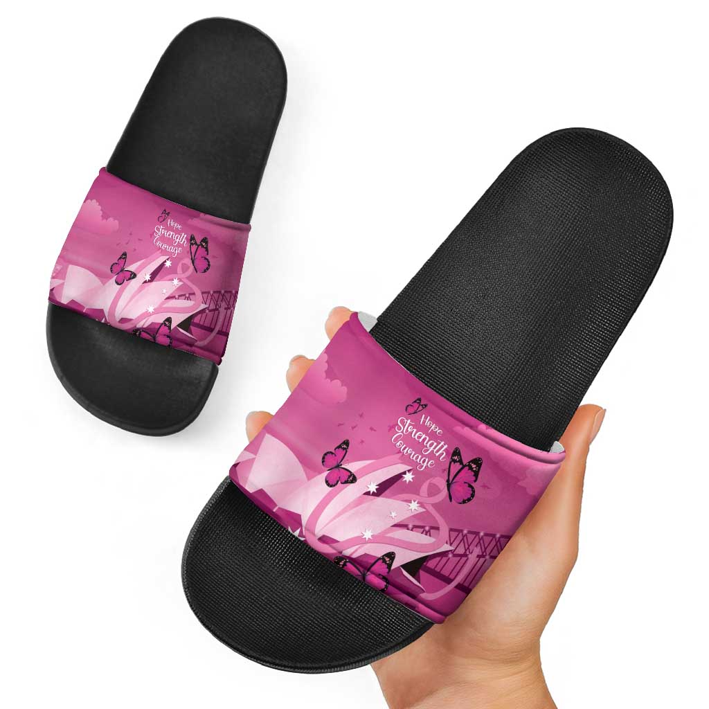 Australia Breast Cancer Awareness Slide Sandals Sydney Opera House Butterfly Pink Ribbon - Aussie Hoodie