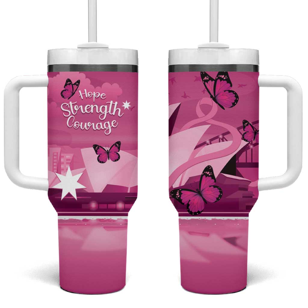 Australia Breast Cancer Awareness Tumbler With Handle Sydney Opera House Butterfly Pink Ribbon - Aussie Hoodie