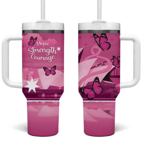 Australia Breast Cancer Awareness Tumbler With Handle Sydney Opera House Butterfly Pink Ribbon - Aussie Hoodie