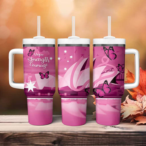 Australia Breast Cancer Awareness Tumbler With Handle Sydney Opera House Butterfly Pink Ribbon - Aussie Hoodie