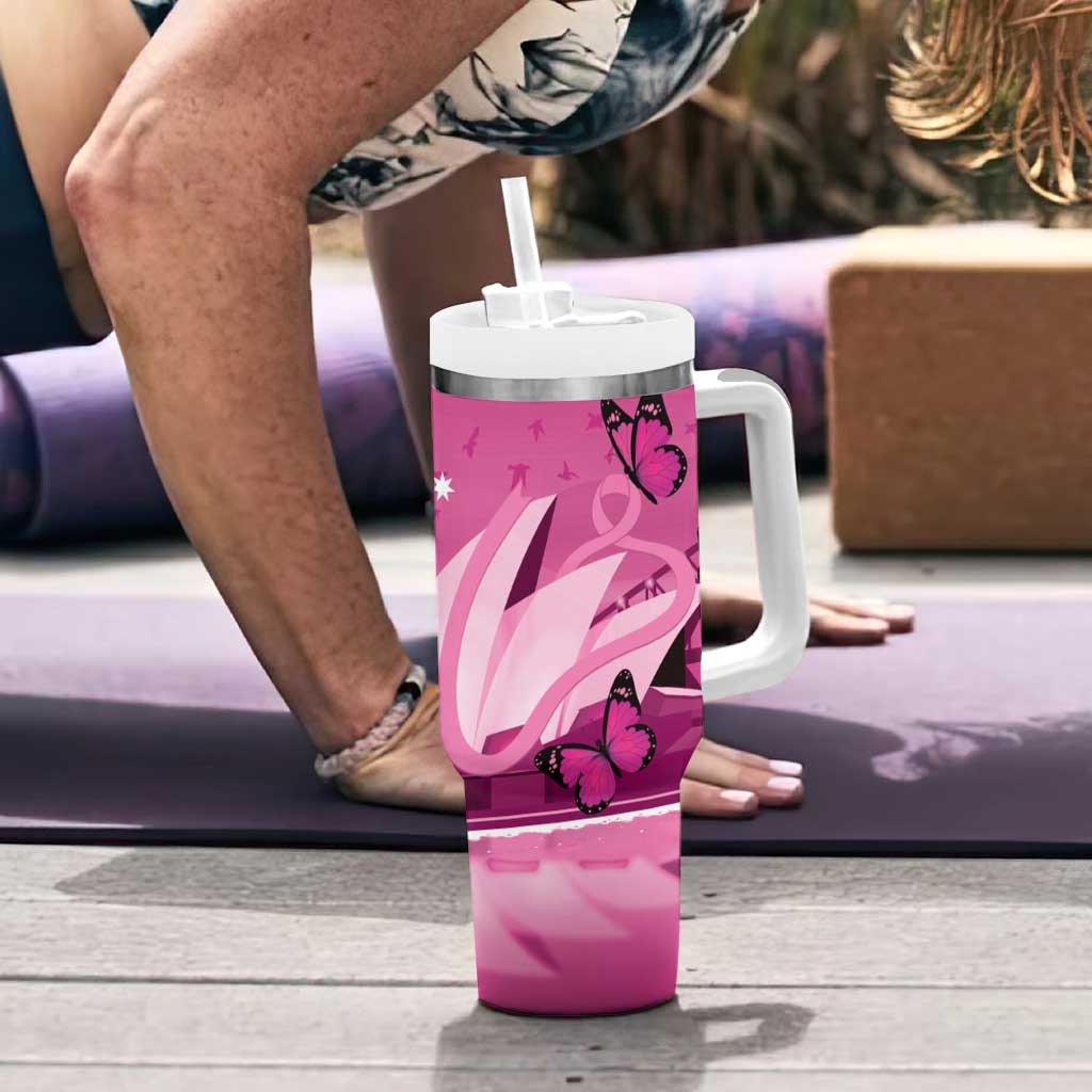 Australia Breast Cancer Awareness Tumbler With Handle Sydney Opera House Butterfly Pink Ribbon - Aussie Hoodie
