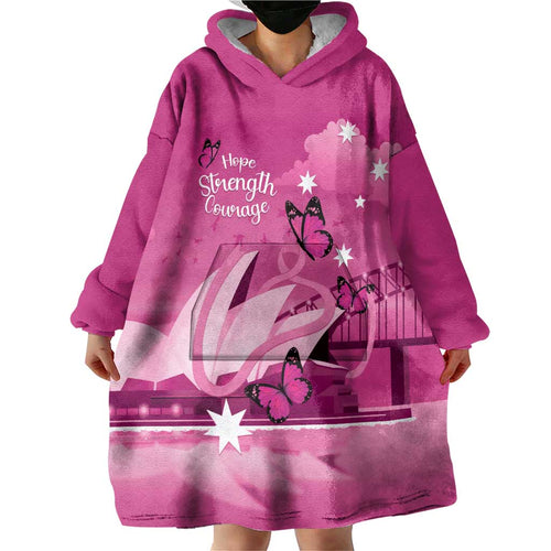 Personalised Australia Breast Cancer Awareness Wearable Blanket Hoodie Sydney Opera House Butterfly Pink Ribbon - Aussie Hoodie