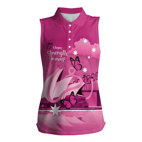 Personalised Australia Breast Cancer Awareness Women Sleeveless Polo Shirt Sydney Opera House Butterfly Pink Ribbon - Aussie Hoodie