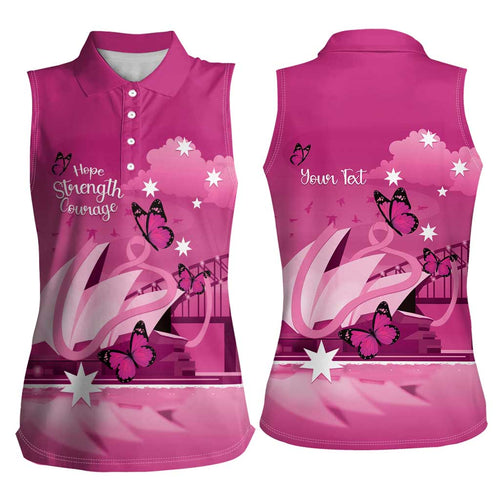 Personalised Australia Breast Cancer Awareness Women Sleeveless Polo Shirt Sydney Opera House Butterfly Pink Ribbon - Aussie Hoodie