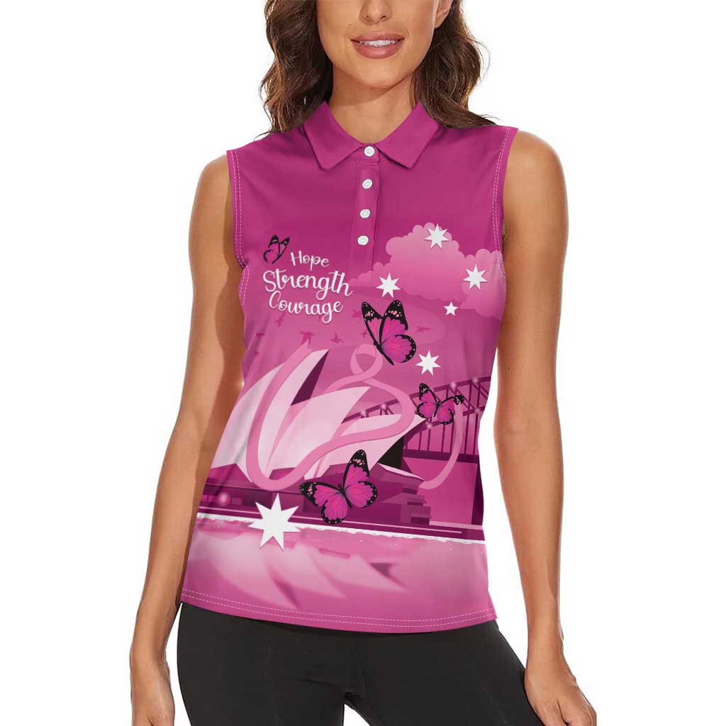 Personalised Australia Breast Cancer Awareness Women Sleeveless Polo Shirt Sydney Opera House Butterfly Pink Ribbon - Aussie Hoodie