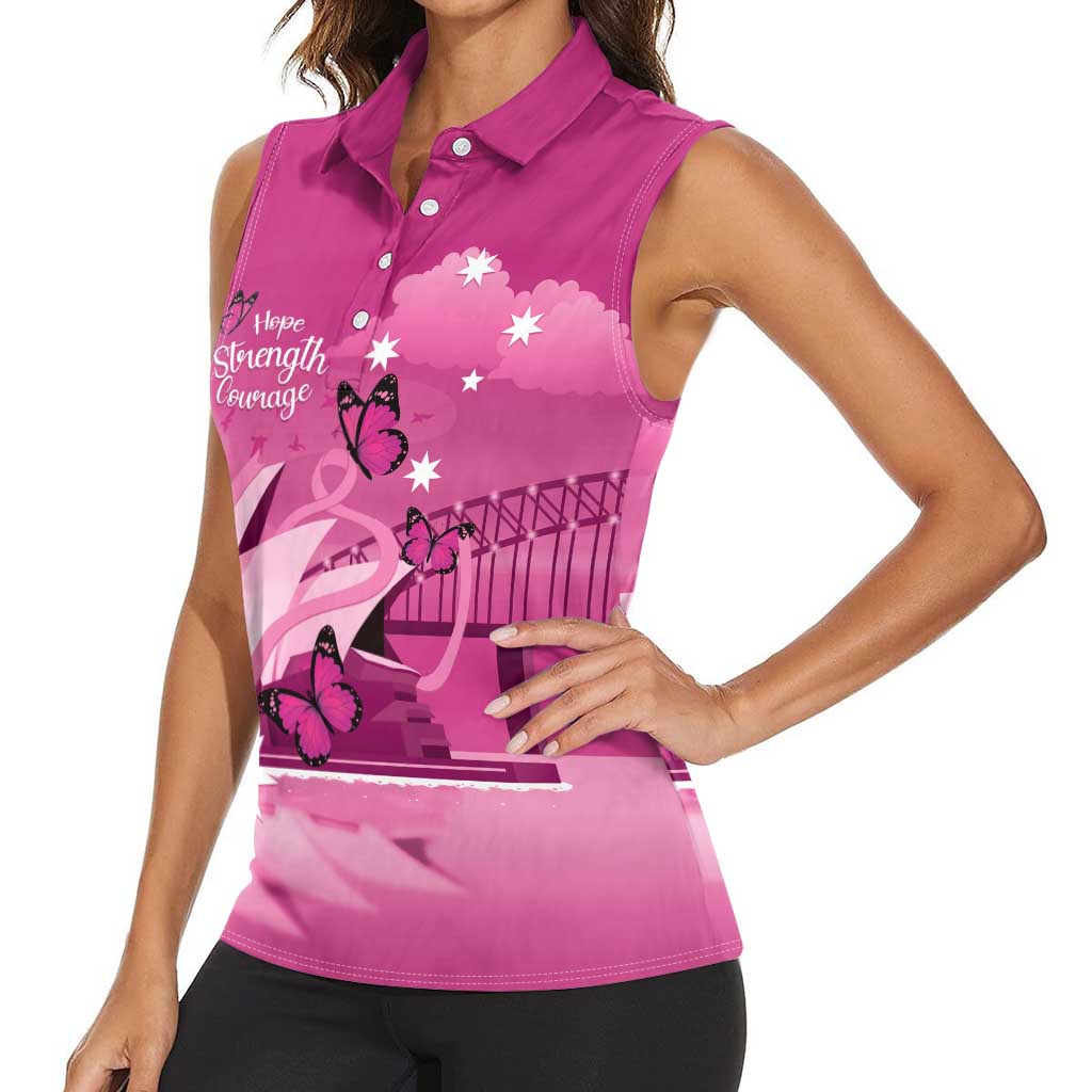 Personalised Australia Breast Cancer Awareness Women Sleeveless Polo Shirt Sydney Opera House Butterfly Pink Ribbon - Aussie Hoodie