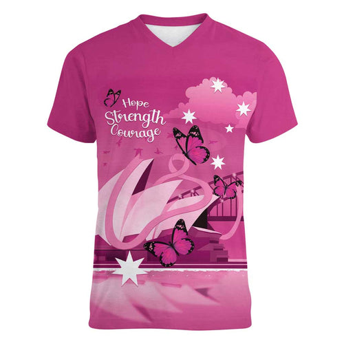 Personalised Australia Breast Cancer Awareness Women V-Neck T-Shirt Sydney Opera House Butterfly Pink Ribbon - Aussie Hoodie