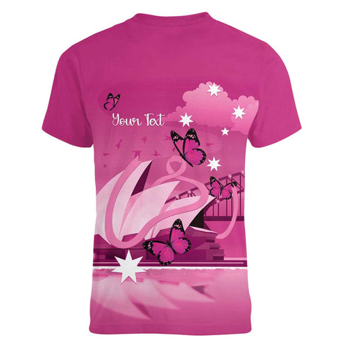 Personalised Australia Breast Cancer Awareness Women V-Neck T-Shirt Sydney Opera House Butterfly Pink Ribbon - Aussie Hoodie