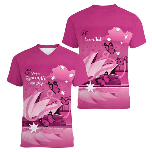 Personalised Australia Breast Cancer Awareness Women V-Neck T-Shirt Sydney Opera House Butterfly Pink Ribbon - Aussie Hoodie