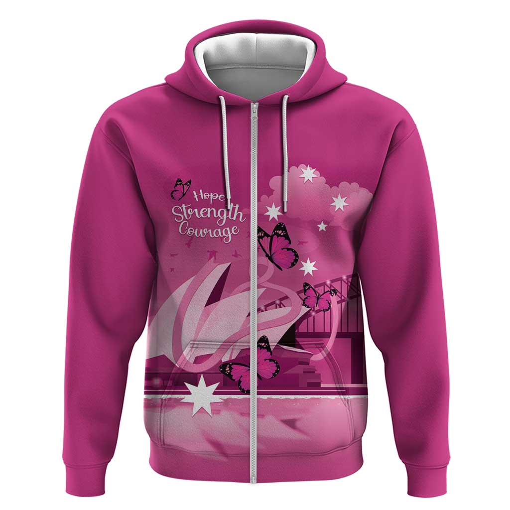 Personalised Australia Breast Cancer Awareness Zip Hoodie Sydney Opera House Butterfly Pink Ribbon - Aussie Hoodie