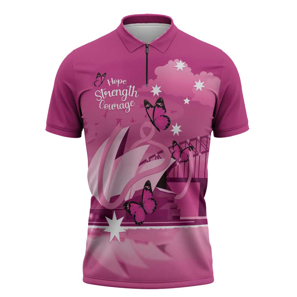 Personalised Australia Breast Cancer Awareness Zipper Polo Shirt Sydney Opera House Butterfly Pink Ribbon - Aussie Hoodie