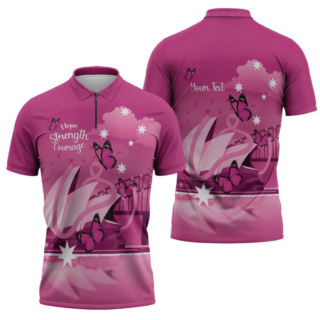 Personalised Australia Breast Cancer Awareness Zipper Polo Shirt Sydney Opera House Butterfly Pink Ribbon - Aussie Hoodie