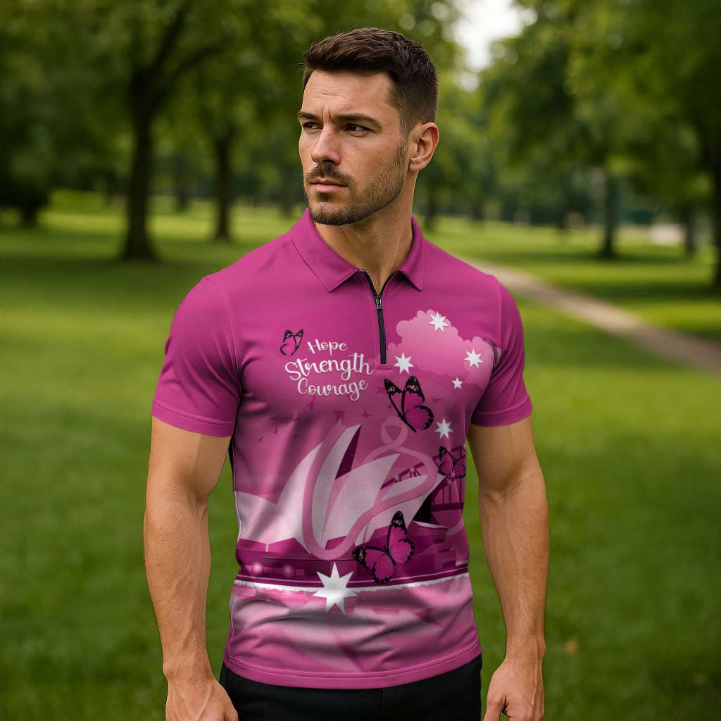 Personalised Australia Breast Cancer Awareness Zipper Polo Shirt Sydney Opera House Butterfly Pink Ribbon - Aussie Hoodie