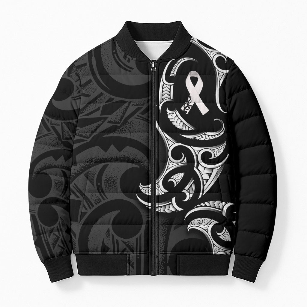 White Ribbon Day New Zealand Bomber Puffer Jacket Aotearoa Maori Pattern
