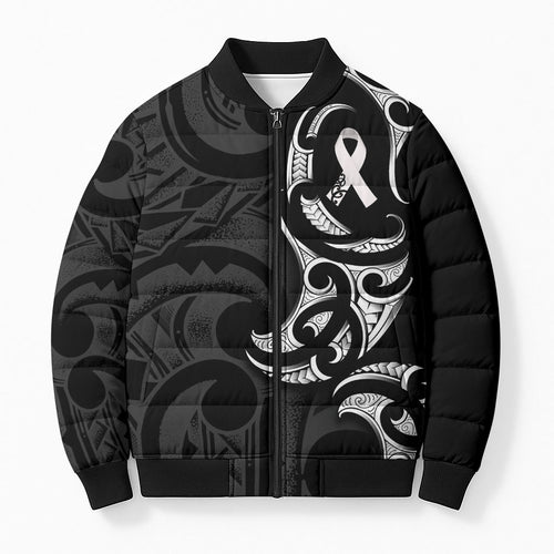 White Ribbon Day New Zealand Bomber Puffer Jacket Aotearoa Maori Pattern