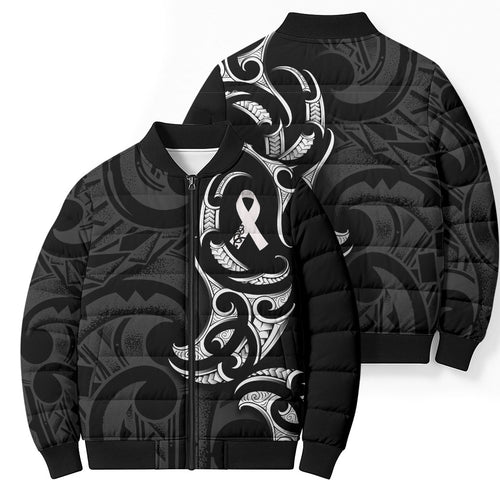 White Ribbon Day New Zealand Bomber Puffer Jacket Aotearoa Maori Pattern