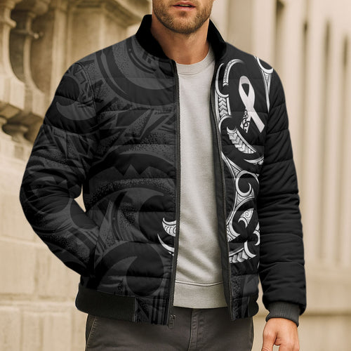 White Ribbon Day New Zealand Bomber Puffer Jacket Aotearoa Maori Pattern