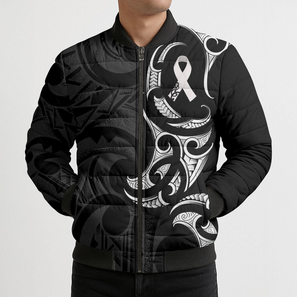 White Ribbon Day New Zealand Bomber Puffer Jacket Aotearoa Maori Pattern
