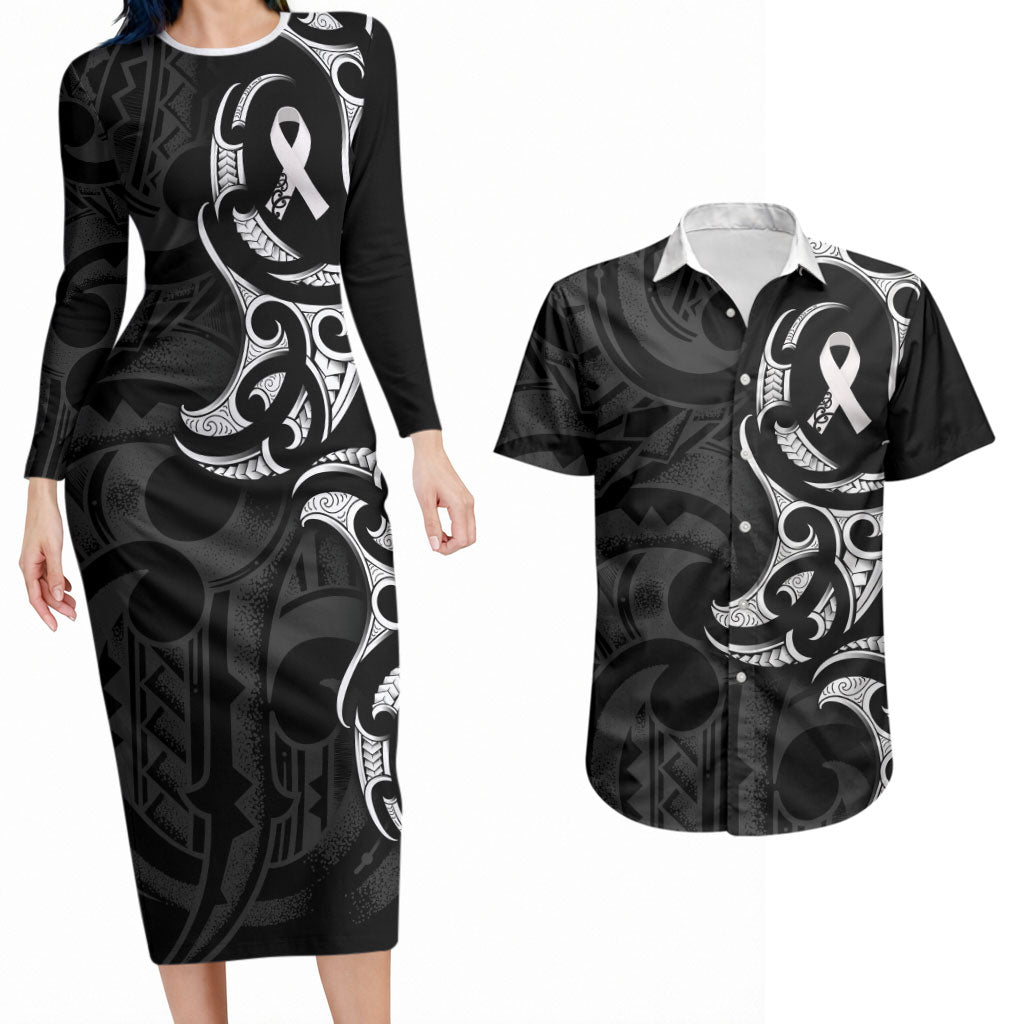 White Ribbon Day New Zealand Couples Matching Long Sleeve Bodycon Dress and Hawaiian Shirt Aotearoa Maori Pattern