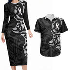 White Ribbon Day New Zealand Couples Matching Long Sleeve Bodycon Dress and Hawaiian Shirt Aotearoa Maori Pattern