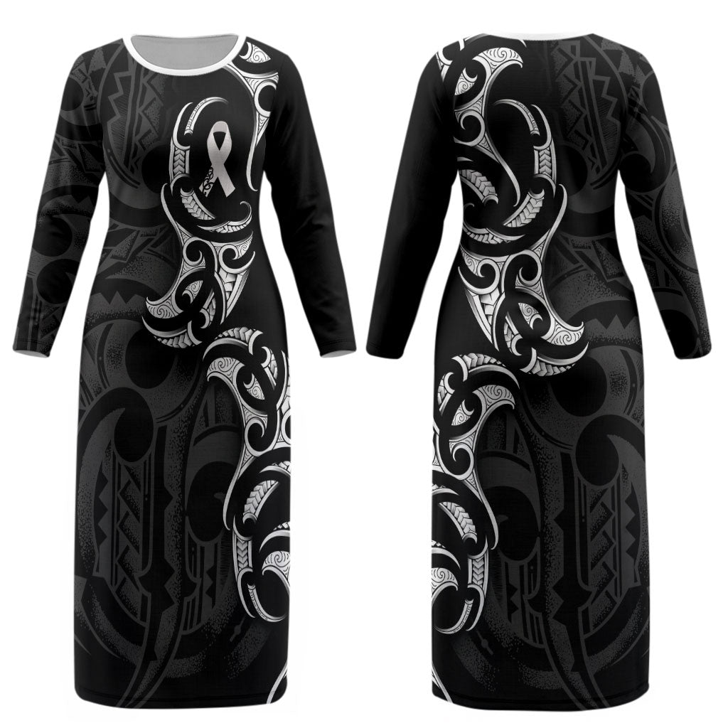 White Ribbon Day New Zealand Couples Matching Long Sleeve Bodycon Dress and Hawaiian Shirt Aotearoa Maori Pattern