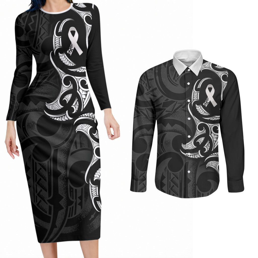 White Ribbon Day New Zealand Couples Matching Long Sleeve Bodycon Dress and Long Sleeve Button Shirt Aotearoa Maori Pattern