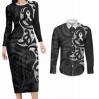 White Ribbon Day New Zealand Couples Matching Long Sleeve Bodycon Dress and Long Sleeve Button Shirt Aotearoa Maori Pattern