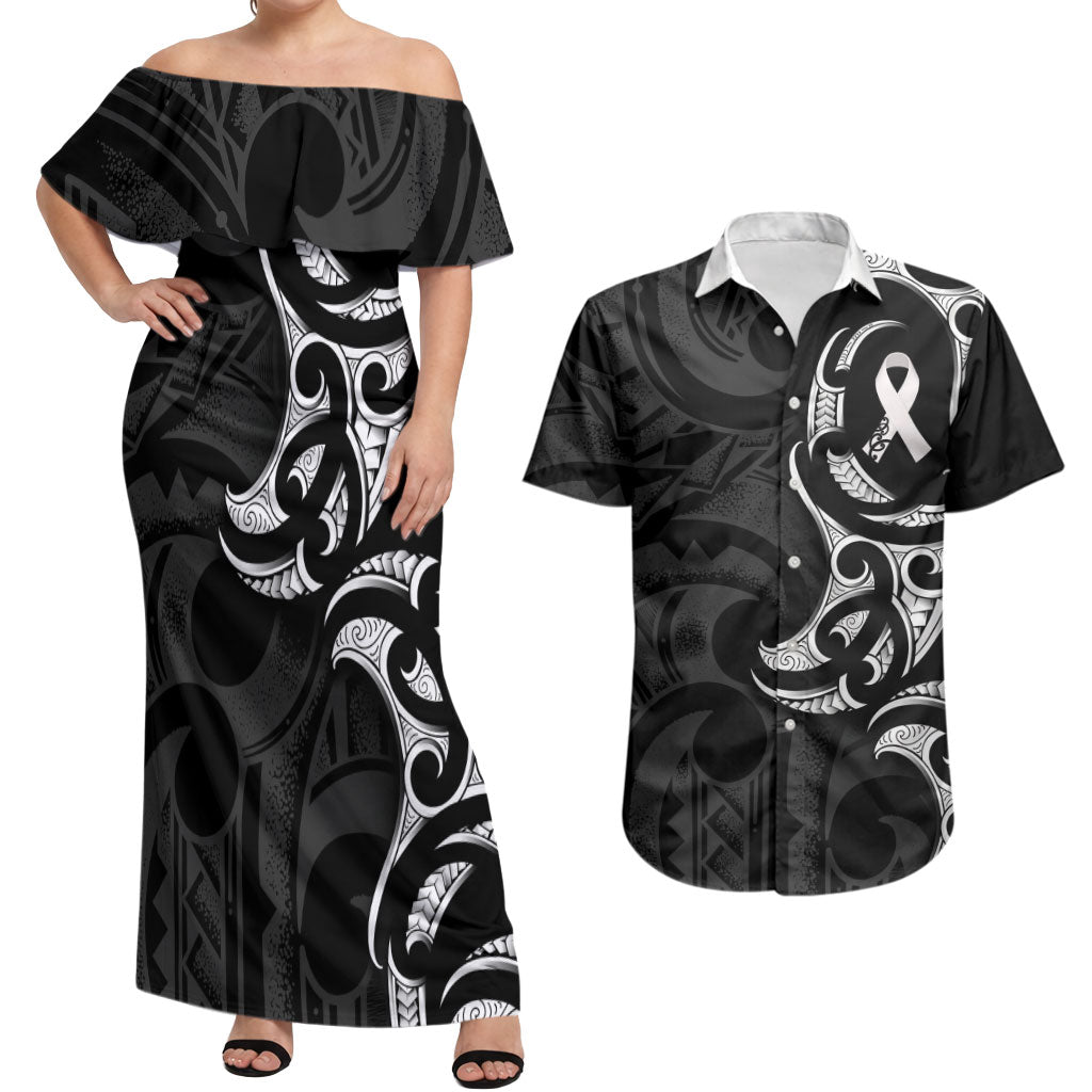 White Ribbon Day New Zealand Couples Matching Off Shoulder Maxi Dress and Hawaiian Shirt Aotearoa Maori Pattern