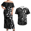 White Ribbon Day New Zealand Couples Matching Off Shoulder Maxi Dress and Hawaiian Shirt Aotearoa Maori Pattern