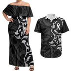 White Ribbon Day New Zealand Couples Matching Off Shoulder Maxi Dress and Hawaiian Shirt Aotearoa Maori Pattern