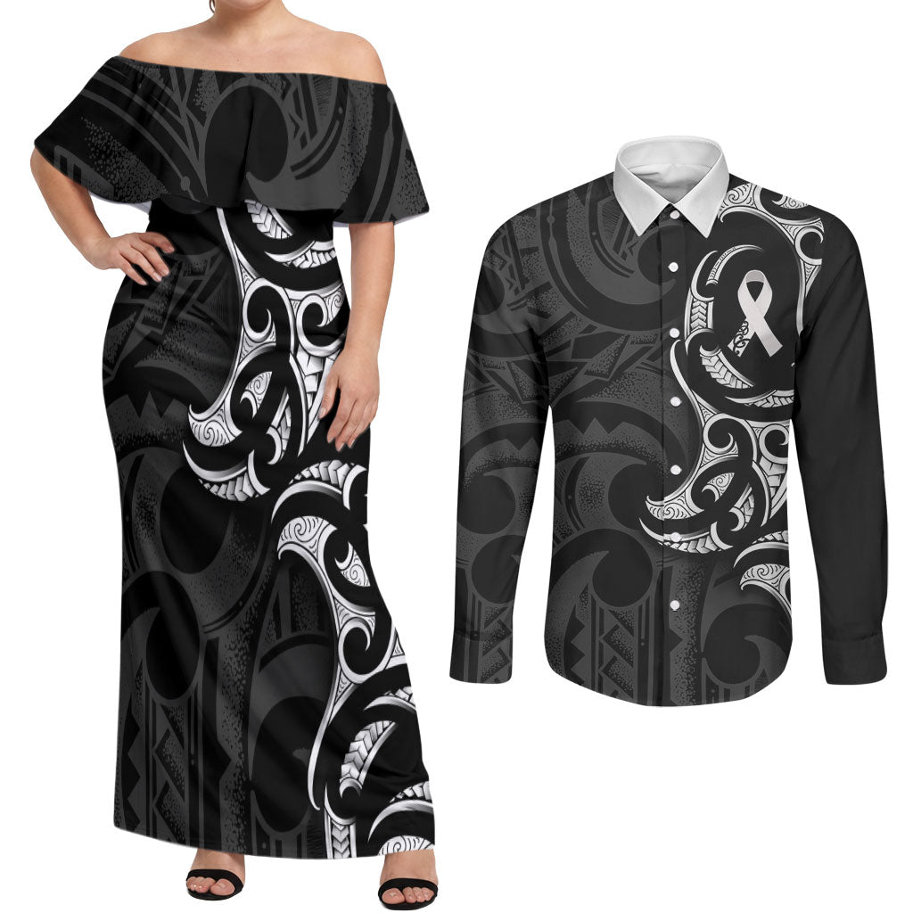 White Ribbon Day New Zealand Couples Matching Off Shoulder Maxi Dress and Long Sleeve Button Shirt Aotearoa Maori Pattern