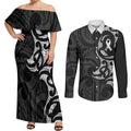 White Ribbon Day New Zealand Couples Matching Off Shoulder Maxi Dress and Long Sleeve Button Shirt Aotearoa Maori Pattern