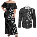 White Ribbon Day New Zealand Couples Matching Off Shoulder Maxi Dress and Long Sleeve Button Shirt Aotearoa Maori Pattern