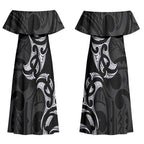 White Ribbon Day New Zealand Couples Matching Off Shoulder Maxi Dress and Long Sleeve Button Shirt Aotearoa Maori Pattern