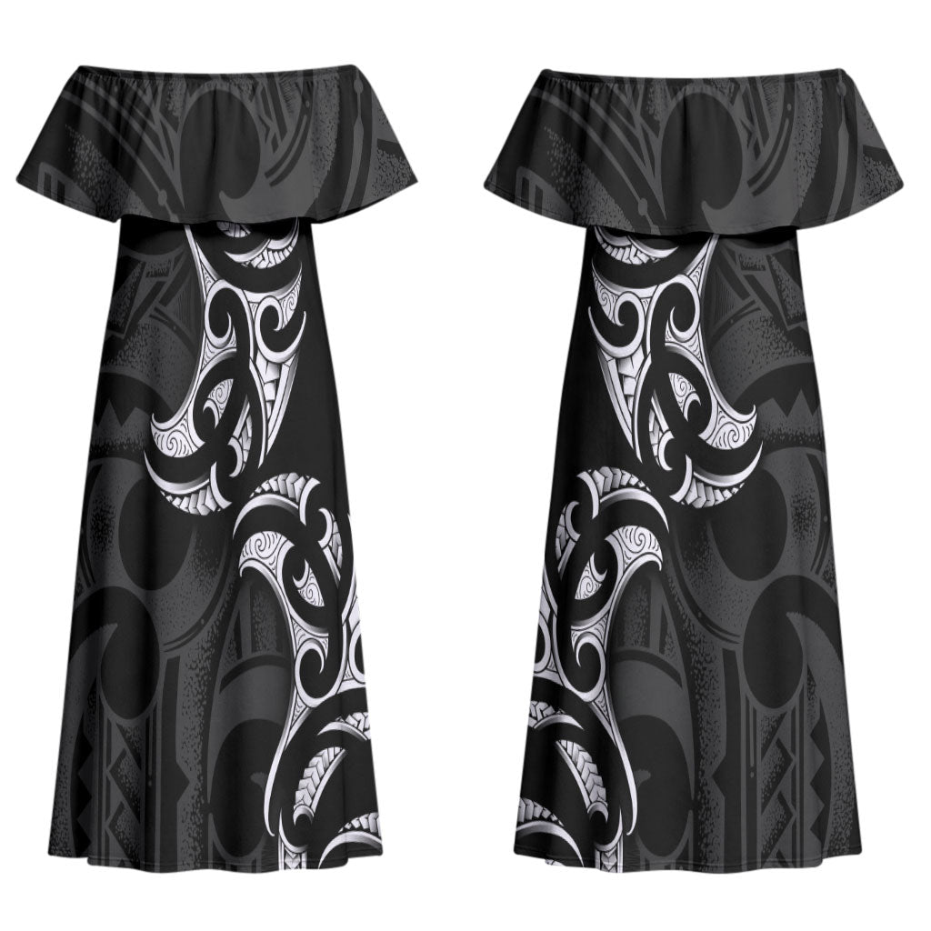 White Ribbon Day New Zealand Couples Matching Off Shoulder Maxi Dress and Long Sleeve Button Shirt Aotearoa Maori Pattern