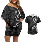 White Ribbon Day New Zealand Couples Matching Off Shoulder Short Dress and Hawaiian Shirt Aotearoa Maori Pattern