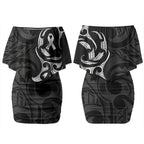 White Ribbon Day New Zealand Couples Matching Off Shoulder Short Dress and Hawaiian Shirt Aotearoa Maori Pattern