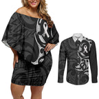 White Ribbon Day New Zealand Couples Matching Off Shoulder Short Dress and Long Sleeve Button Shirt Aotearoa Maori Pattern